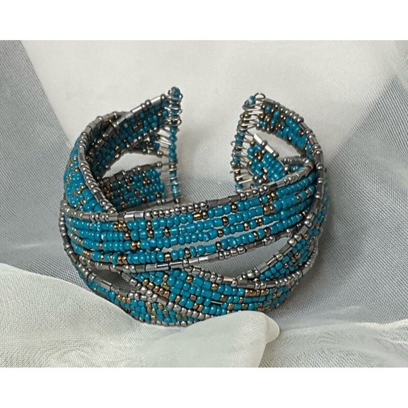 Vintage Turquoise And SilverBeaded Bracelet Clamp - Picture 1 of 7